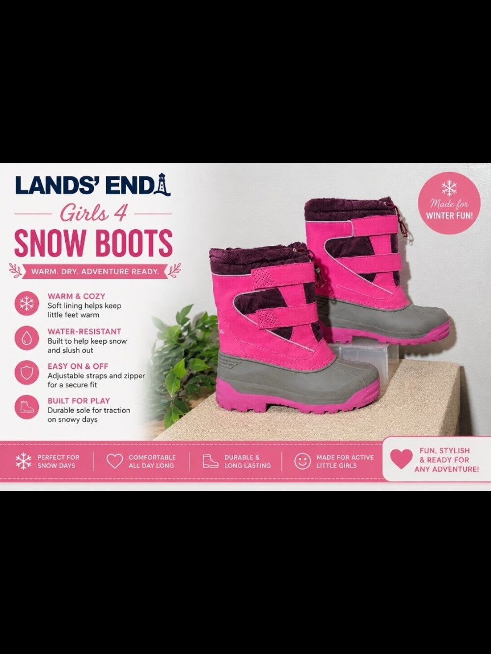 LANDS END Girls 4 Pink Winter Snow Boots